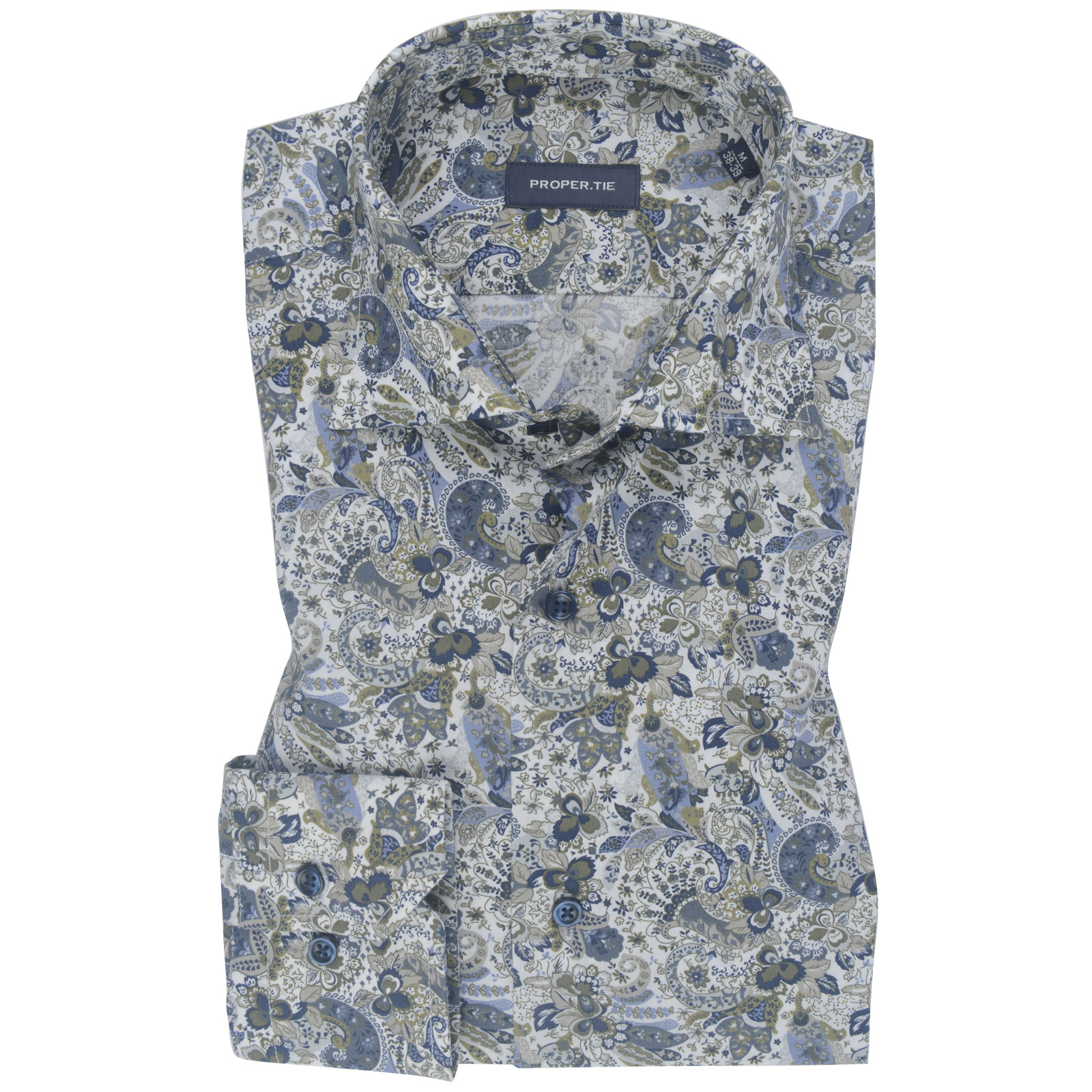 Blue Olive Green Floral Print Cotton Shirt