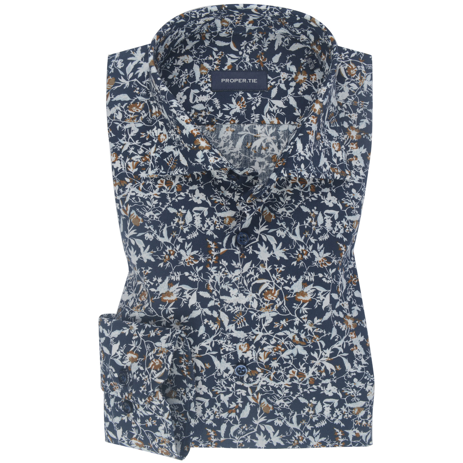 Navy Blue Brown Floral Print Cotton Shirt