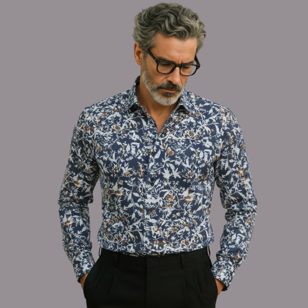 Navy Blue Brown Floral Print Cotton Shirt - Image 2