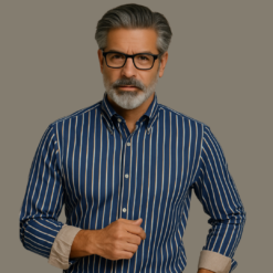 Alternative view of Navy Blue White Stripe - Beige Contrast Cotton Shirt