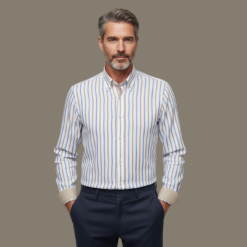 Alternative view of Blue & Beige Stripe Contrast Cotton Shirt